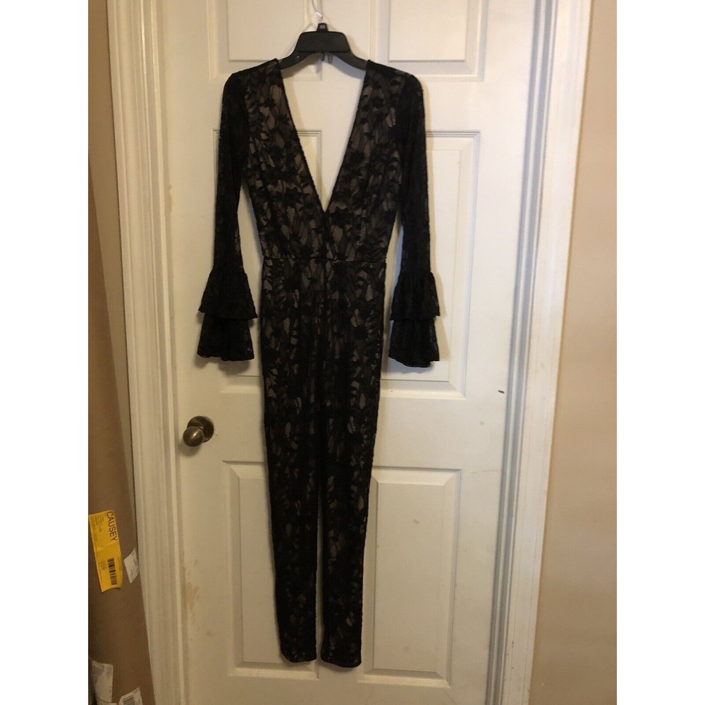 Blue. S Black Lace V Neck Ruffle Sleeve Jump Suit Size s